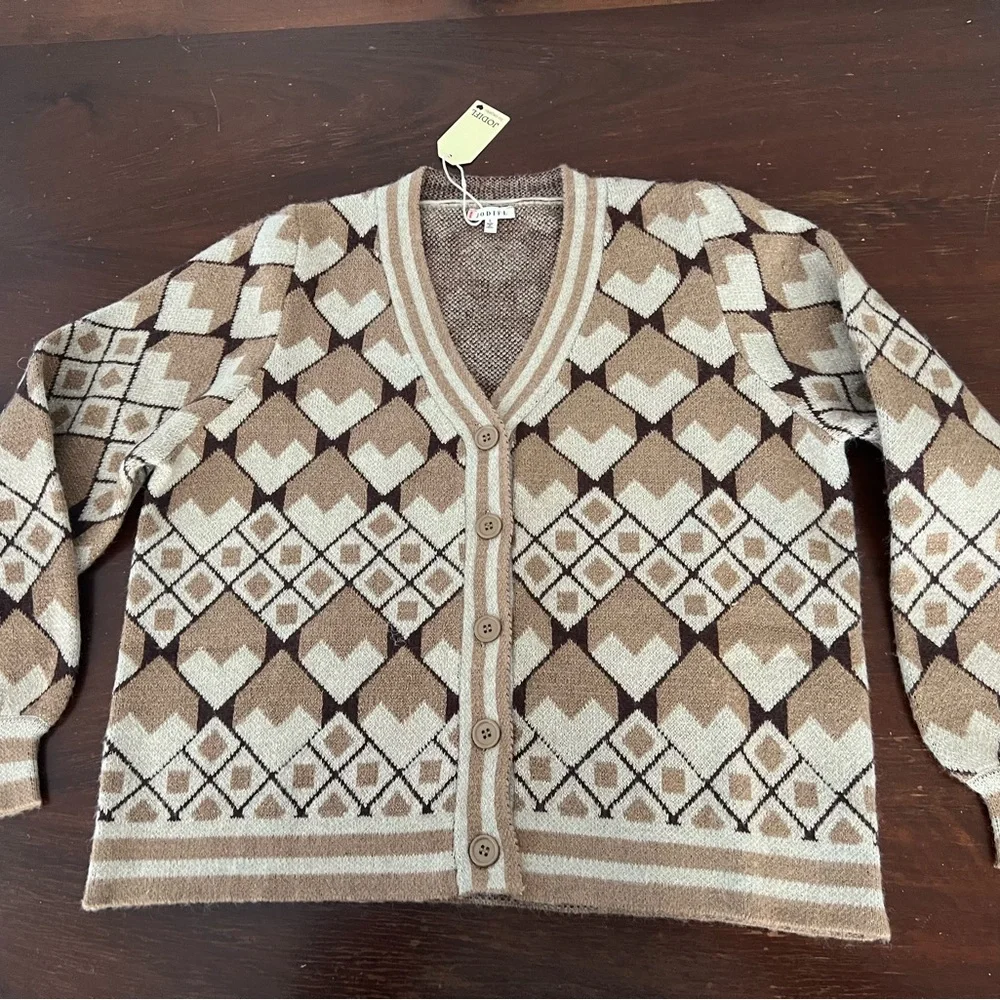 JODIFL Geometric Patterned Cardigan | Tan/Brown/White | L - Picture 6 of 15
